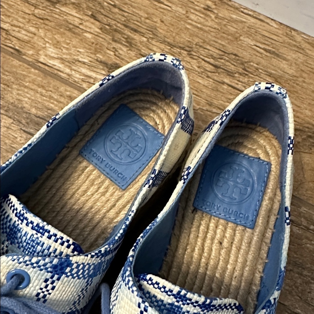 Tory Burch Blue and White Plaid Espadrille Platform Oxfords - Picture 3 of 6